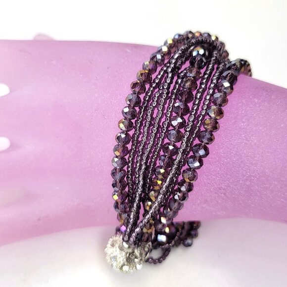 Purple Twisted Crystal Bracelet Braided Beads Half Moon Crystal Magnetic Clasp - Picture 1 of 8